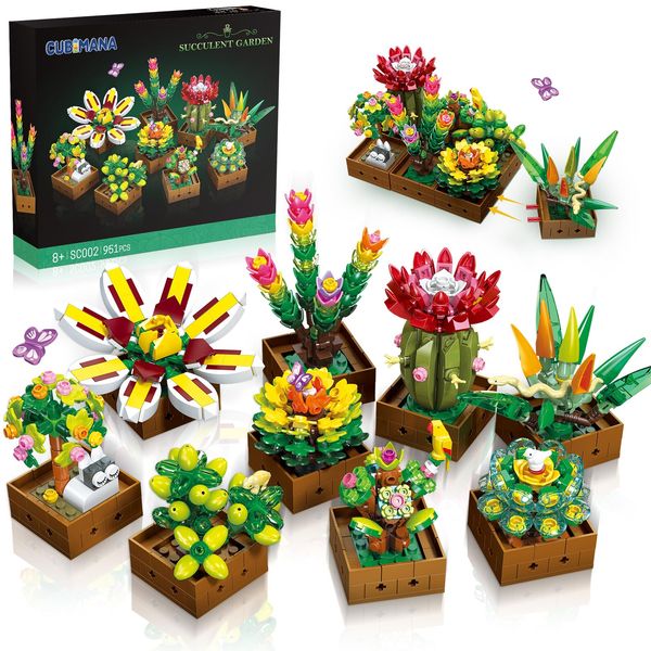 CUBIMANA 9 Succulents Plants Building Set, 951 PCS Flowers Botanical Collection Bonsai Artificial Plant Set Building Blocks Toy for Home House Decor Birthday Housewarming Gift for Adults Women Kids 8+