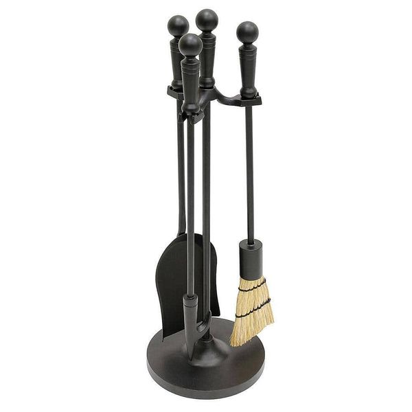 ACHLA DESIGNS Fireplace Tool Set 4-Piece+Ball-End Handles+Cast Iron Stand Black