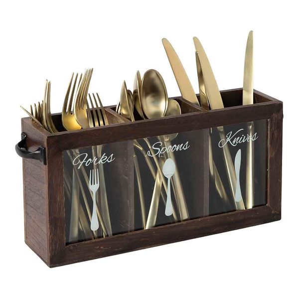 BLU MONACO Expresso Wooden Flatware, Cutlery,Kitchen Utensil & Silverware Caddy Organizer Bin Holder for Forks, Spoons, Knives - Perfect for Kitchen Countertop