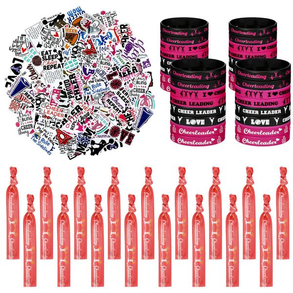 100 Pieces Cheerleading Stickers Cheerleading Gifts, 30 Pieces Cheerleader Hair Ties Hair Ropes and 20 Pieces Cheerleading Inspirational Silicone Wristbands for Cheer Party Favors Christmas Gifts