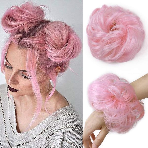 Messy Hair Bun Hair Scrunchies Extension Curly Wavy Thick Synthetic Chignon for women Updo Hairpiece Ponytail Hair Accessories Light Pink