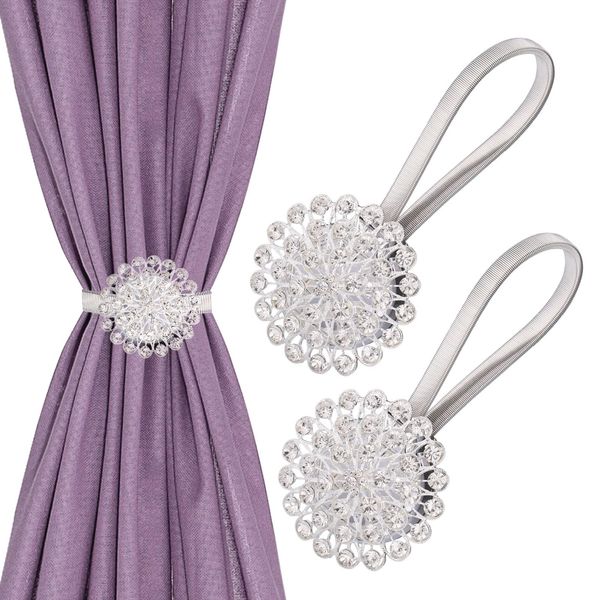 JIZZU 2Pcs Magnetic Curtain Tiebacks, Elegant Crystal Curtain Accessories, No Drilling Spring Silver Curtain Tiebacks, Suitable for Big Curtain in Bedroom, Living Room, Dining Room, Hotel