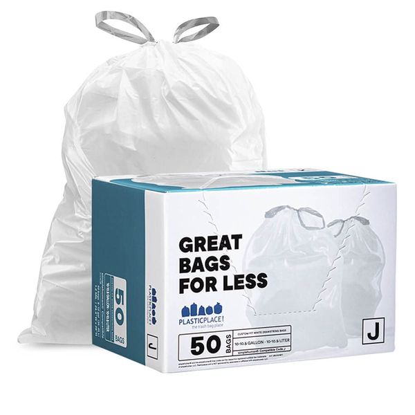 Plasticplace Custom Fit Trash Bags, Compatible with simplehuman Code J (50 Count), White Drawstring Garbage Liners 10-10.5 Gallon / 38-40 Liter, 21" x 28"