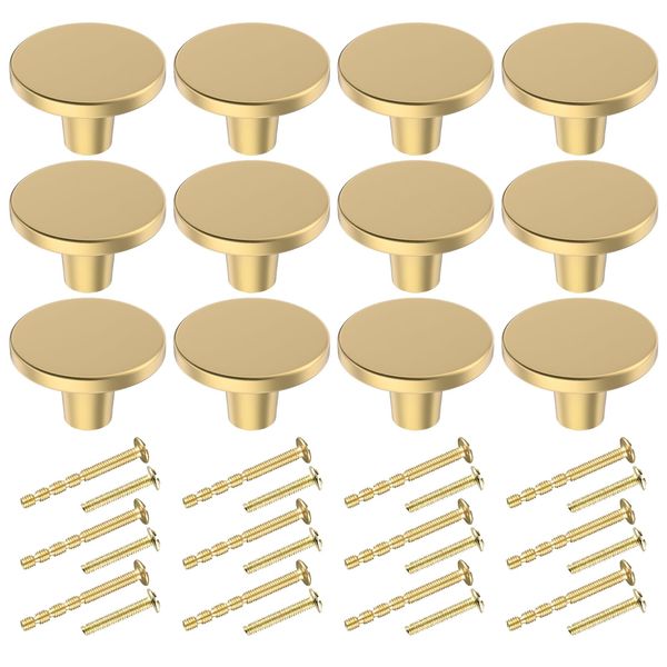 BIGLUFU 12 Pcs Brass Drawer Knobs, Round Kitchen Cabinet Knobs, Dresser Handles Pulls for Chest of Drawers with Screws-20x30 mm (Gold)