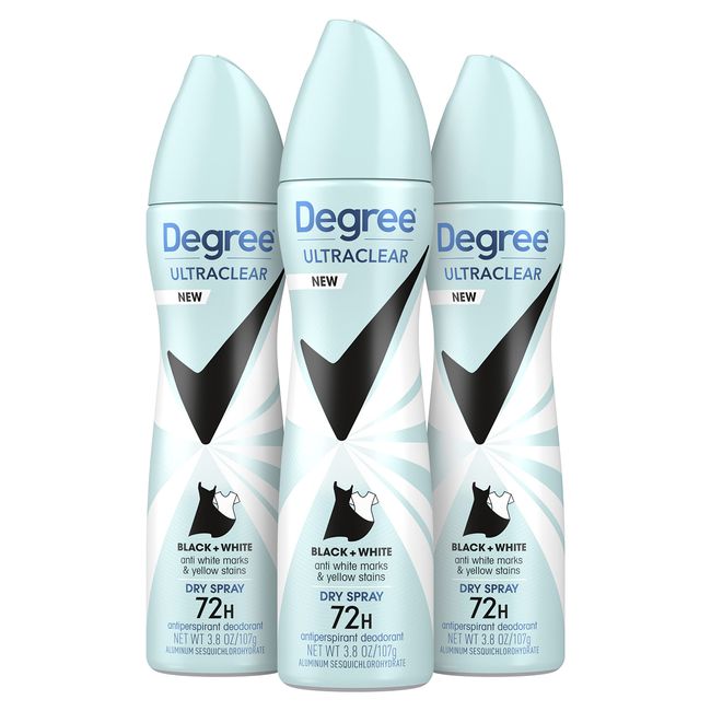 Degree Ultra Clear Antiperspirant Deodorant Dry Spray Anti White Marks and Yellow Stains Black+White Deodorant for Women 3.8 Ounce (Pack of 3)
