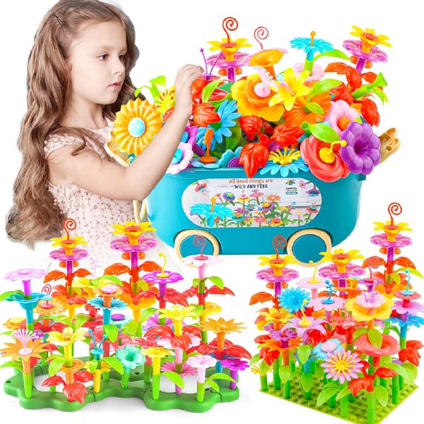 VELIYAKA 139 PCS Flower Garden Building Block Toys for Girls Age 3, 4, 5, 6, 7 Year Old - Educationcal STEM Toys with Moving Storage Box - Colorful Flowers Stacking Toddlers Play Set for Kids Age 3-6