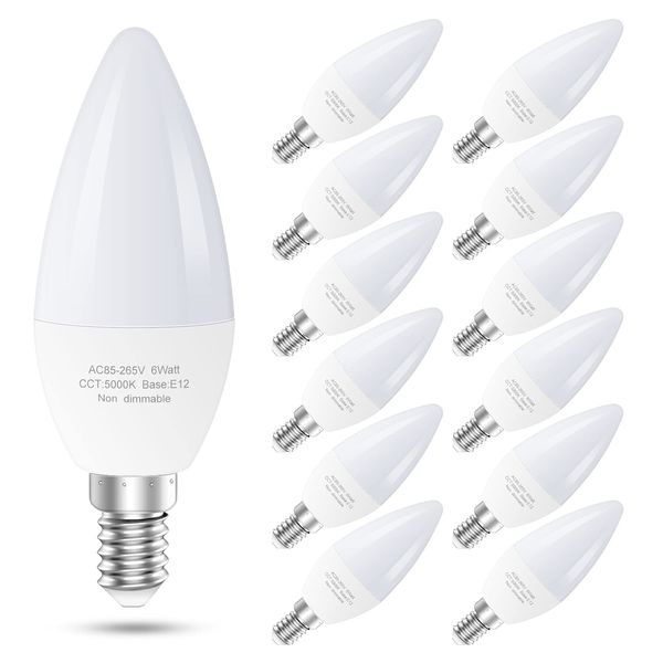 60 Watt Led Candelabra Bulbs Equivalent, E12 Led Ceiling Fan Lightbulbs, 550 LM, 5000K Daylight Type B Light Bulb for Chandelier, Non-Dimmable Candle Bulbs, 12 Pack