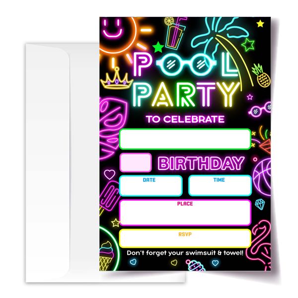 4x6 Pool Party Birthday Invitations, Birthday Invitations, Pool Party Supplies, Neon Glow Birthday Party Invitations, Kids Birthday Invitations, 20 Cards with 20 Envelopes.(27) (pool party(27))