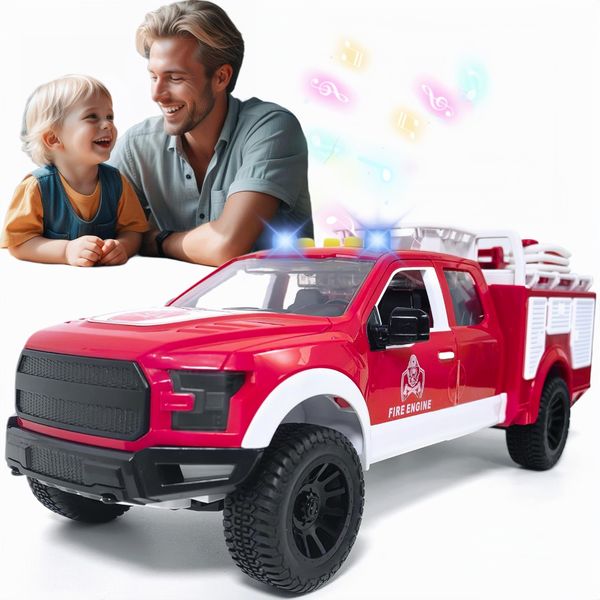 DDZOOU Big Fire Truck Toys for Boys Ages 3+, F150 Raptor Toy Pickup Truck with Light and Music, Perfect for Boys 4-8 Years Old.