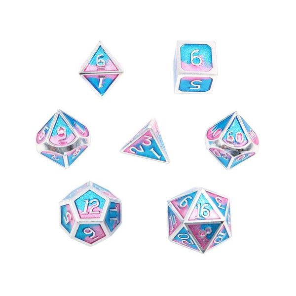 DollaTek 7 PCS Metal Dice Set DND Game Polyhedral Solid Metal D&D Dice Set with Storage Bag and Zinc Alloy with Enamel for Role Playing Game Dungeons and Dragons (Double Color Mix Blue and Pink)