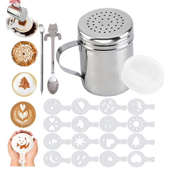 Panlom Chocolate Shaker Duster with Coffee Stencils Set 4 in 1 for Coffee Lovers Steel Barista Accessories Decorating Cappuccino Latte Hot Chocolate Cocoa