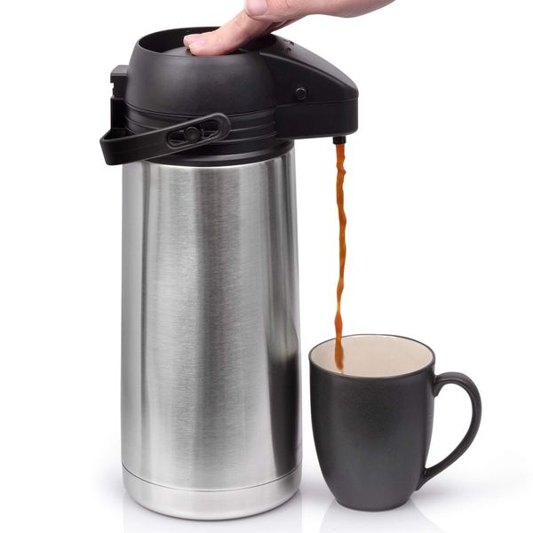 64 Oz (1.9 Liter) Airpot Coffee Dispenser with Easy Push Button | BPA-Free Stainless Steel Carafe | Double-Wall Vacuum Insulated Thermos | Effectively Keeps Beverages Hot or Cold