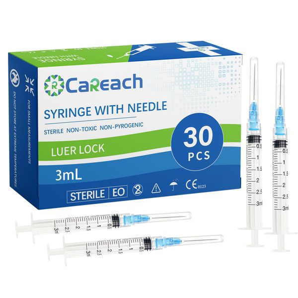 Careach 30pcs 3mL Syringe with Needle 23 Gauge 1inch, Luer Lock Syringe for Scientific Labs, Industrial