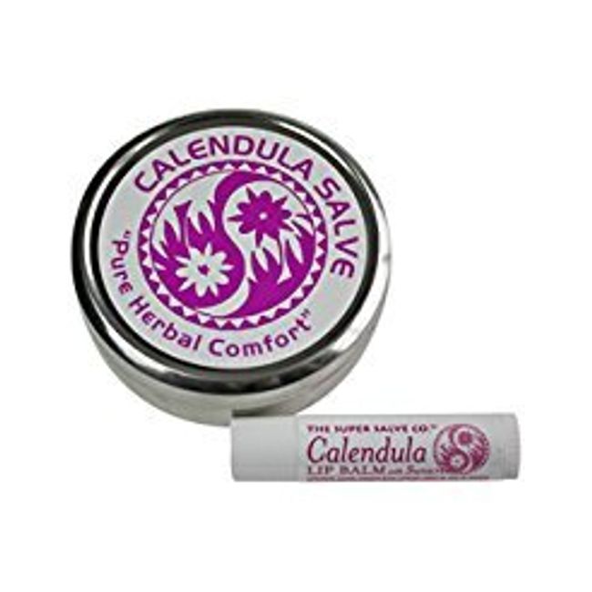 Calendula Salve in Extra Large 4oz Tin and Calendula Lip Balm from The Super Salve Company (Bundle of 2) -