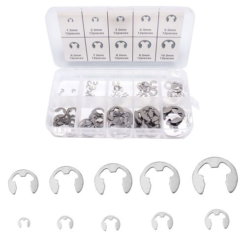 E Clip Retaining Ring, E Clip Snap Ring, Internal Retaining Ring, Stainless Steel E-Clips Retaining Rings, 10 Size Internal External Push Button with Storage Box, for Shaft Fastening Parts, Pack of