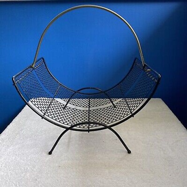 Mid Century Modern  Mesh Fireplace Log Holder Magazine Rack Black & Gold