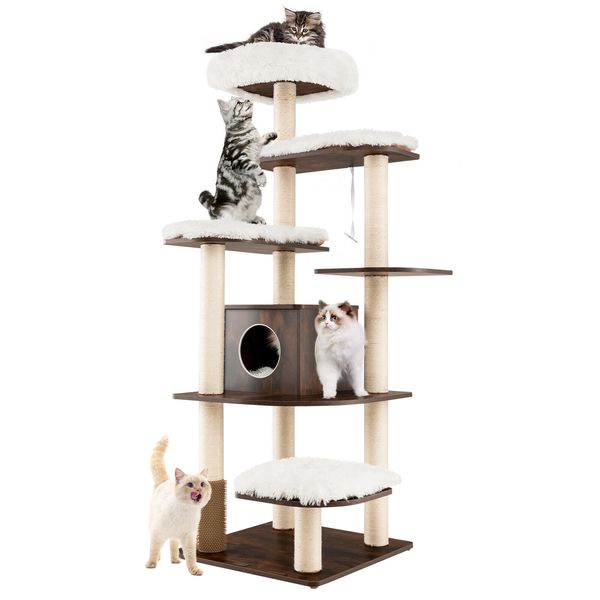 Wooden Cat Tree 71" 7-Layer Cat Tower w/ Sisal Scratching Posts Perch & Cushions