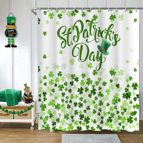 ChloropLastid Clover Shower Curtain, St. Patrick's Day Shower Curtains for Bathroom, Spring Green Shamrock Irish Hat St Patricks Day Shower Curtain Set, Waterproof Fabric 72x72 Inch