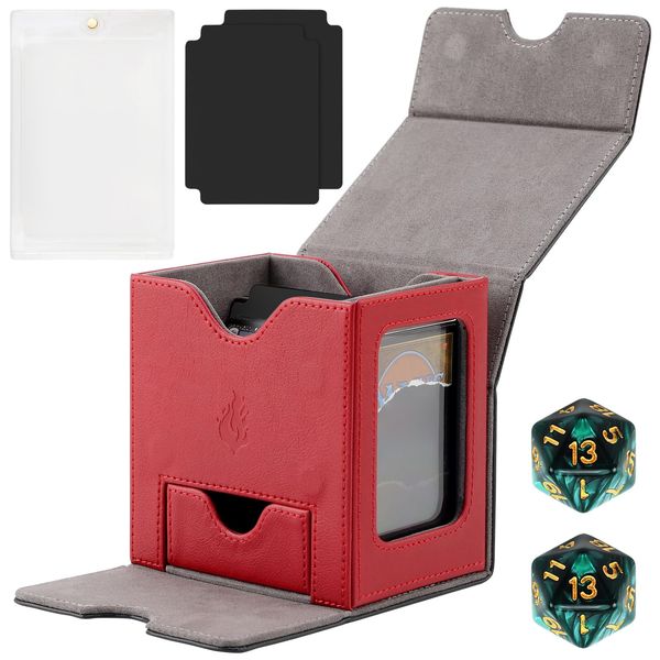 Premium PU Leather Card Deck Box with 2 Dividers 2 Dice, Card Deck Box Fits 120+ Sleeved Cards, Card Storage Box Stylish, Card Box Storage, Durable, and Versatile Card Storage Solution (Black＆Red)