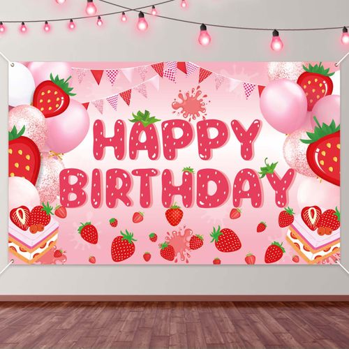 Strawberry Birthday Banner, Happy Birthday Party Decorations Colorful Backdrop Happy Birthday Yard Sign Background Indoor Outdoor Birthday Party Supplies for Boys Kids Girls