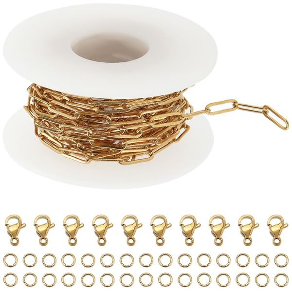 SUNNYCLUE 1 Roll 16.4Feet/5m Stainless Steel Paperclip Chain Bulk 12x4mm Golden Paper Clip Chains Links Real 18K Gold Plated 10Pcs Lobster Clasps 30Pcs Open Jump Rings for jewellery Making Supplies