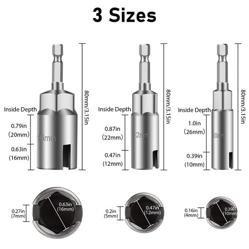 3 Pack Hex Shank Nut Driver, 1/4 Inches Hex Shank Power Wing Nut Driver Set, Slot Wing Nuts Hook Drill Bit Socket Wrenches Tools for Panel Nuts Screws Eye C Hook Bolt Q-Hanger (10mm 12mm 16mm)