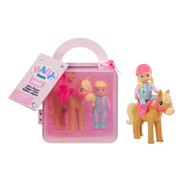 Baby Born MINIS Playset - Light Skin Tone Doll with Blue Eyes, Horse with Helmet & Carrot Accessory, Includes Reusable Carrying Case for On-The-Go Playtime