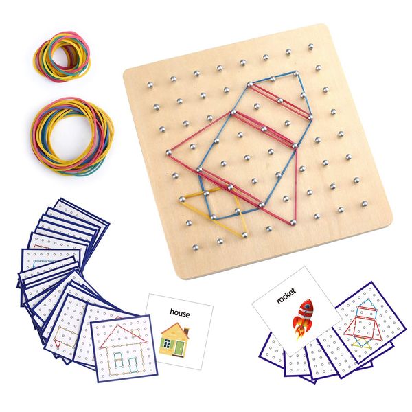 Thoth Montessori Wooden Geoboard Mathematical Manipulative Material Array Block Geo board with 36Pcs Pattern Cards and Rubber Bands Matrix 8x8 for Kids Graphical Educational Toys Early Development Toy