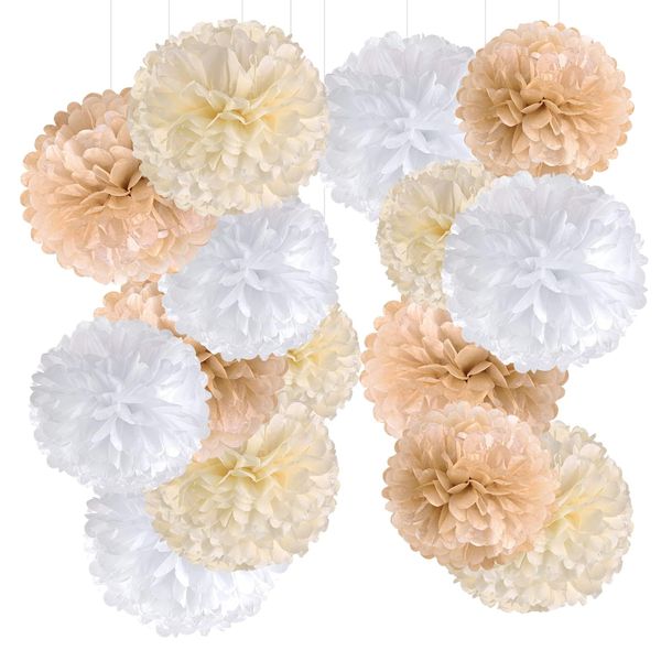 SUNBEAUTY 15 PCS Champagne Tissue Paper Pom Poms, Neutral Party Decorations,Creamy White Paper Flowers for Engagement Receptions, Wedding ,Birthday, Boho Bridal Showers Party Supplies