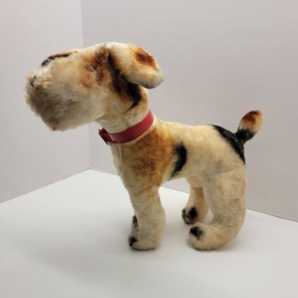 VTG Steiff Fox Terrier Mohair Plush Toy Dog with Red Collar ~ 14" Tall