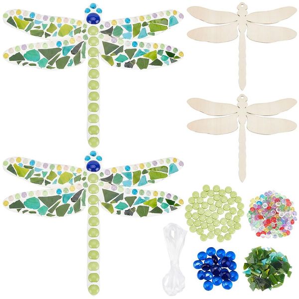 WEBEEDY Make 2 Dragonfly Glass Mosaic Kit Creativity DIY Mosaic Glass Kit Include Glass Mosaic Tiles, Wooden chips, Ribbon