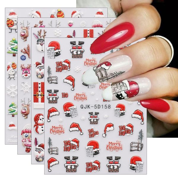 3D Adesivi Unghie Natale, 4 Fogli 5D Autoadesivi Nail Art Stickers Unghie Decorazioni