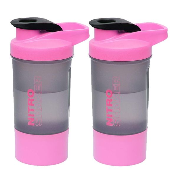 Set of 2 - 600ml Protein Shaker Bottle with Leakproof Screw Lid, Metal Mixing Ball and Storage Compartment Gym Shaker Drink Bottle for Protein Shakes BPA Free Protein Powder Shaker Cup (Pink + Pink)