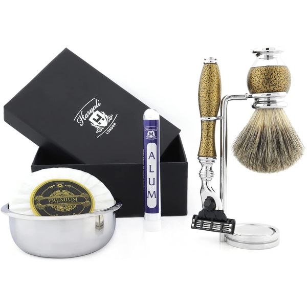 Haryali London Shaving Kit - 6pcs Gold Antique - Shaving Set - Badger Shaving Brush - 3 Edge Shaving Blade Shaving Razor - Shaving Stand - Shaving Soap - Shaving Bowl - Alum Stick