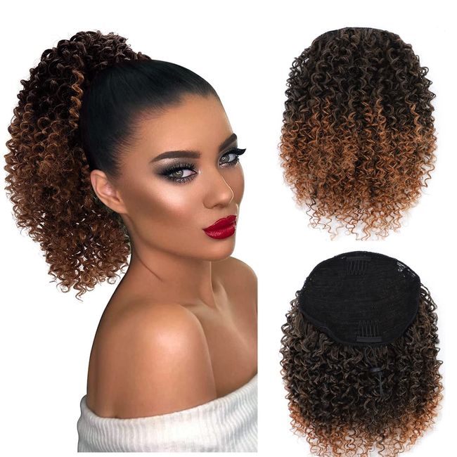 MNMNM mawei-zc-2x (T30) Ponytail Extension Pferdeschwanz Haarteil Haarverlängerung mit Kordelzug Afro Kinky Curly Drawstring Pferdeschwanz Extension Schwarz Kunstfaser Afro Curly Haarteile 25 cm