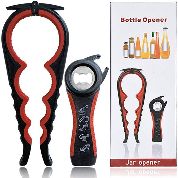 Set of 2 Multifunctional 4 in 1 Bottle Opener Lid Opener 5 in 1 Bottle Opener Set for Beverage, Condiment, Beer and More Bottle Bottle Lid Opener Can Opener (Red)