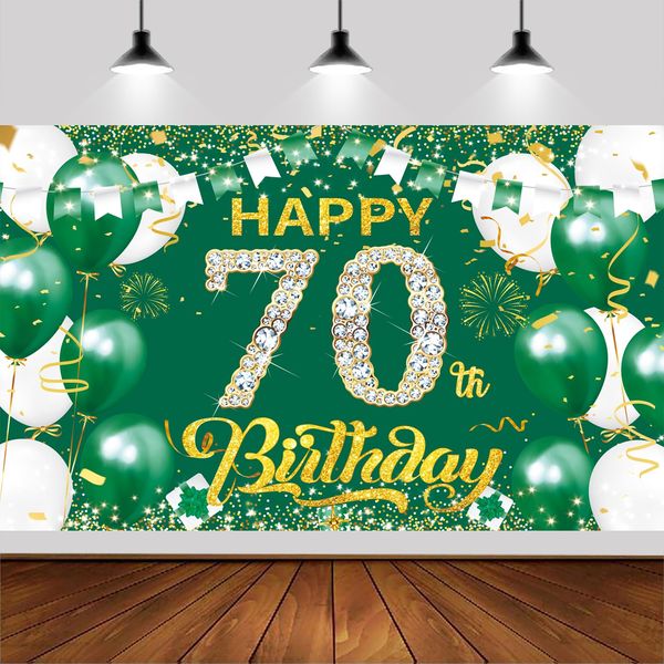 6x3.6FT Green Gold 70th Happy Birthday Backdrop,Green Gold Happy Birthday Photography Background Banner for Birthday Party Backdrop for Men Women Birthday Party Supplies Decoration.