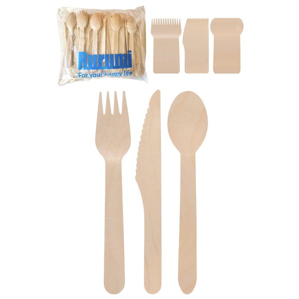 Rurumi Disposable Wooden Cutlery Set, Individually Packaged, 6.3 inches (16 cm), Spoons, Knives, Forks, Paper Napkins, 50 Sets Food Certified (50)