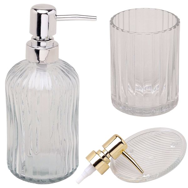 G Decor Glass Transparent 3-Piece Bathroom Container Set, Includes Soap Dispenser, Toothbrush Holder, Soap Dish