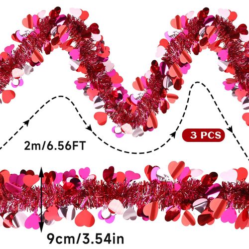MARFOREVER Valentine's Day Heart Garland Red Pink Rose Heart Metallic Tinsel Garland Hanging Decorations for Valentines Birthday Weeding Galentine's Day Party Indoor Outdoor Home Supplies 3 Pcs 19.7FT