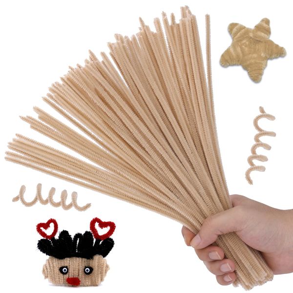 Hssugi Pipe Cleaners, 100PCS Christmas Pipe Cleaners Craft Supplies, Cream Brown Pipe Cleaners Bulk Fuzzy Sticks for DIY Art and Craft Projects Home Decoration