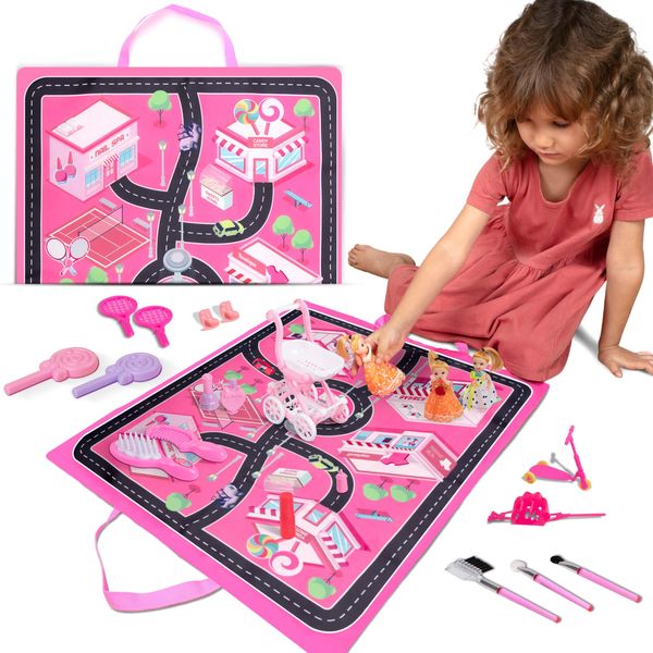 FabuKiddie Pink Toddler Play Mat for Girls - Foldable Kids Playmat Bundle with Toys, Dolls, Bag and 6 Stations to Visit - Kids Play Mat - Floor Mats for Kids Playroom - Playmats for Toddlers, Kids Mat