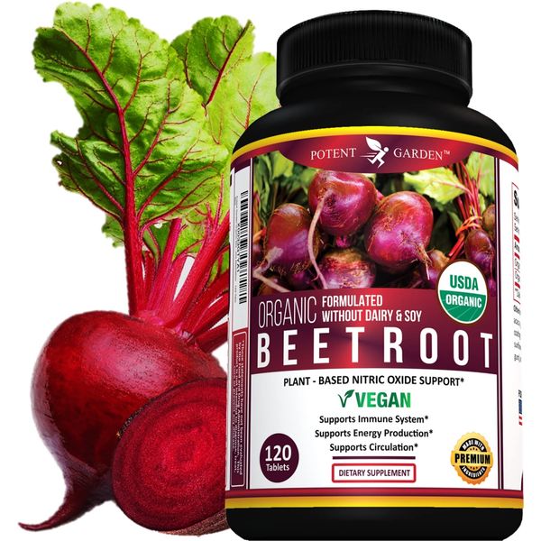 Potent Garden Premium Organic Beet Root Tablets -1350mg Beets Powder with Black Pepper for Extra Absorption, Nitric Oxide Supplement for Heart Health, Blood Pressure & Athletic Performance -120ct