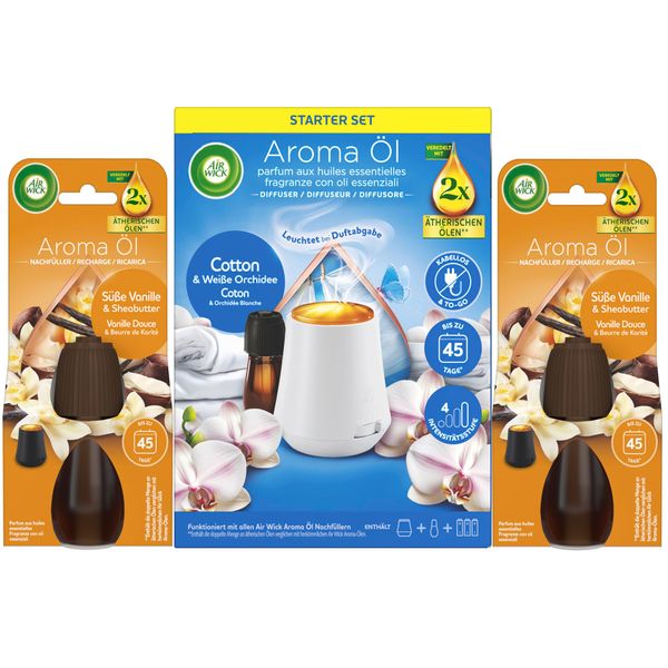 Air Wick Aroma-Öl Diffuser Starter-Set inklusive 1 Gerät, 1x20ml Cotton & Weiße Orchidee & 2x20ml Vanille & Sheabutter Nachfüller