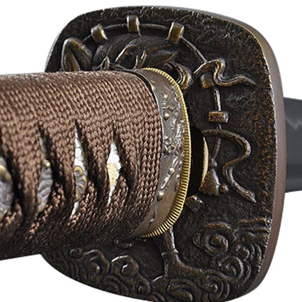 Handmade Sword - Japanese Samurai Katana Swords, Practical, Hand Forged, 1045 Carbon Steel, Heat Tempered, Full Tang, Sharp, Raijin Tsuba, Brown Cotton Ito Handle, Black Wooden Scabbard Painted Raijin