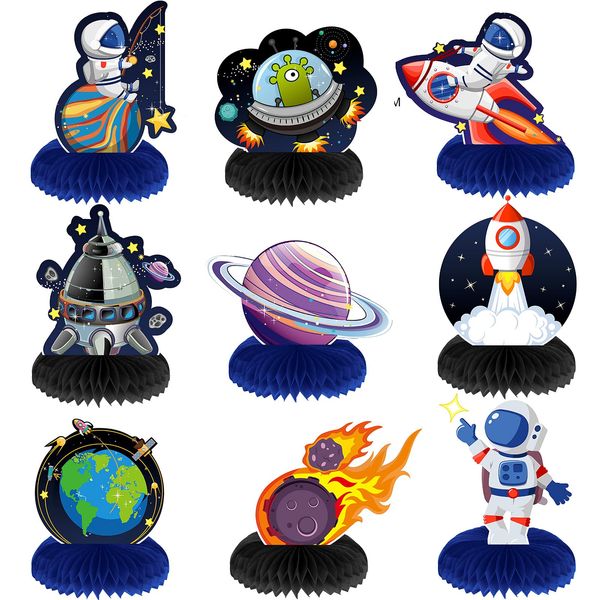 9 Pieces Outer Space Themed Honeycomb Centerpiece Outer Space Party Decorations Birthday Party Table Toppers Double Sided Table Decorations Planet Rocket Astronaut UFO Solar System Party Supplies