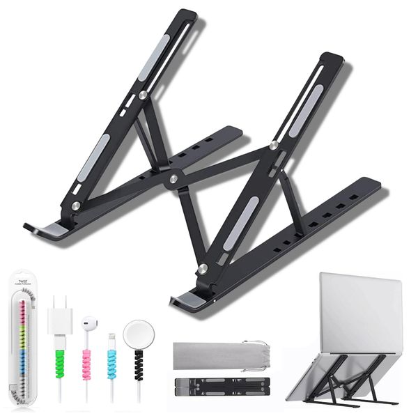 Metal Laptop Riser for Desk (1 PC) - Portable Laptop Stand for Desk and Macbook Stand - Adjustable Computer Stand with Cable Protector - Foldable Laptop Stand Supports up to 17" Laptops and Tablets