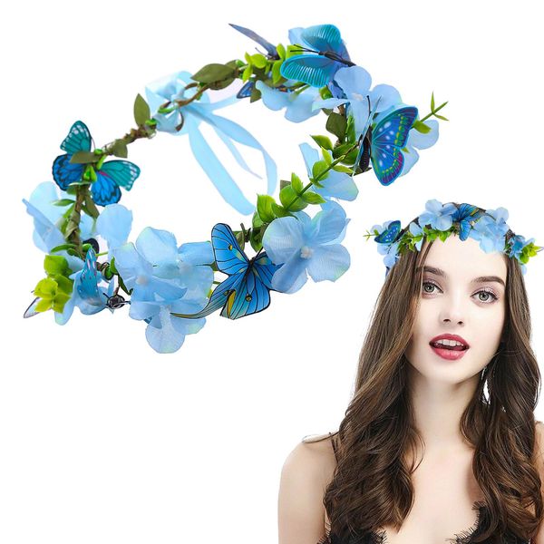 Blue Butterfly Flower Crown for Women Girls Boho Butterfly Headband Adjustable Headband Hair Accessories for Women Girls