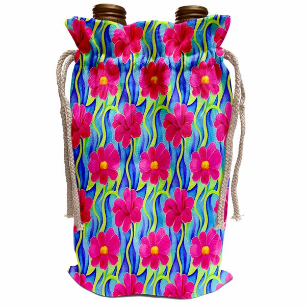 Wine Bag - Modern Bright Pink Flowers On A Blue Background Pattern Patterns