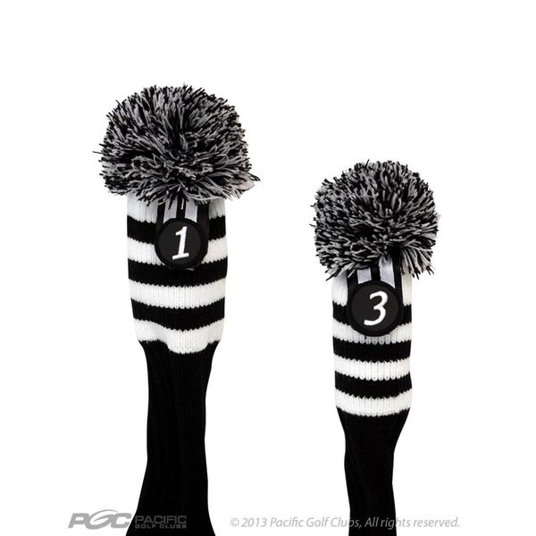 Pacific Golf Clubs Head Covers 1 3 Black and White Knit Retro Old School Vintage Stripe Pom Pom Throwback Classic